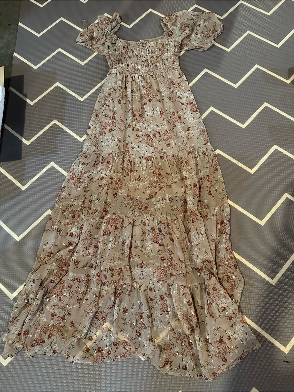 Smocked Bodice Floral Maxi Dress in Taupe Floral